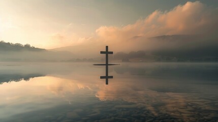 Wall Mural - cross in the middle of a calm lake with a little fog