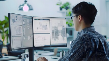 A man is sitting in front of two computer monitors, one of which is displaying a drawing of a building. He is wearing glasses and he is focused on his work
