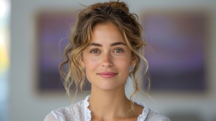 Wall Mural - Woman With Blonde Curly Hair Smiling at Camera Indoor Portrait