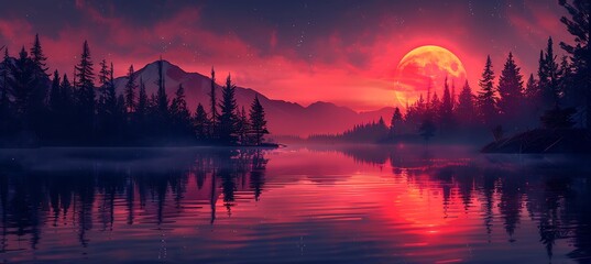 Tranquil lake reflecting the fiery colors of sunset surrounded by silent forests