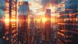© PLUT_OFF - a view of skyscrapers against the backdrop of sunset, evening city without people