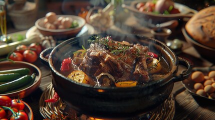 Cooked shank with vegetables in the cooking