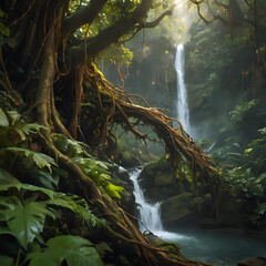 a waterfall in the middle of a jungle with a tree over it