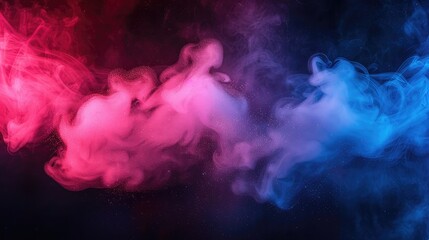 Wall Mural - Dense multicolored smoke of blue, pink and purple colors on a black isolated background. Background of smoke vape,Beautiful horizontal column of smoke in the neon bright light of blue pink and orange
