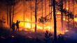 © XaMaps - A firefighter team working together to extinguish a massive forest fire at dusk, water hoses in action.
