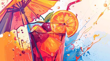 Illustration of a cocktail with fruit garnishes and a vibrant umbrella, designed in a detailed and dynamic style, suitable for partythemed artwork and print projects