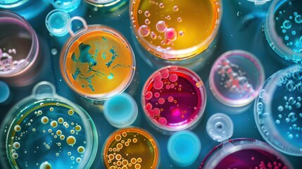 Wall Mural - abstract microbiological composition with colorful bacterial colonies in petri dishes scientific res