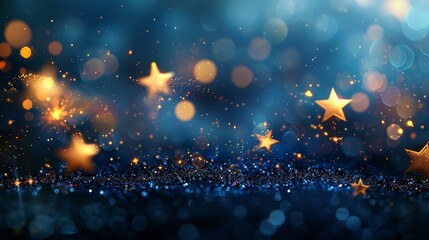 Golden stars and sparks abstract banner on dark blue background for christmas and new year 2025