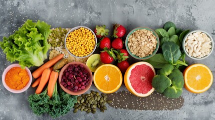 a colorful array of fresh fruits, vegetables, nuts, seeds, and spices on a stone background.