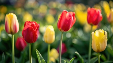 Poster - Vibrant spring flower garden featuring a variety of colorful tulips Botanical spring scene with red and yellow tulips ideal for creating a stunning postcard design