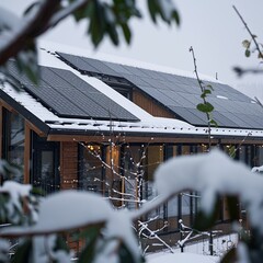 Wall Mural - Close up of solar panels on house roof covered with snow in winter day. Modern eco friendly passive house with photovoltaic system on the roof