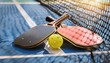 © Don Mroczkowski - Black and red pickleball paddles with ball at the net of a pickleball court