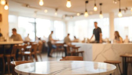 Wall Mural - Marble table top with blurred café restaurant, abstract background, bokeh lights, product display