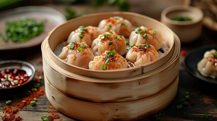 Wall Mural - Steamed Dumplings Served in Bamboo Steamer on Wooden Table