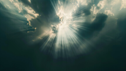 Wall Mural - Light of Faith. Ethereal sunrays cut through the dark clouds, symbolizing the light of God.
