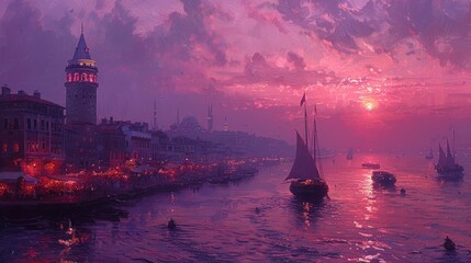 Wall Mural - A Cityscape Under a Pink Sunset