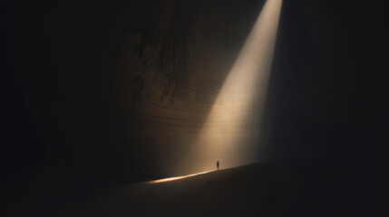 Poster - Light of Faith. silhouette of a man standing in the light of a beam of light.