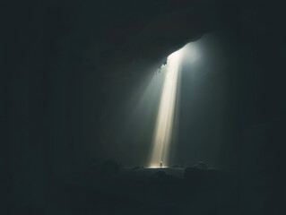 Poster - Light of Faith. Light rays in a dark cave coming from the top.