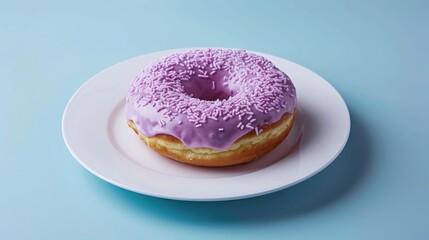 Wall Mural - Purple frosted donut showcased on a white plate against a blue backdrop bathed in natural light