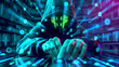 © LotusBlanc - Hooded Haker with Code Stream, Background for Cyber Safety Awareness, Digital Security, Pishing, Malware, Data Protection.