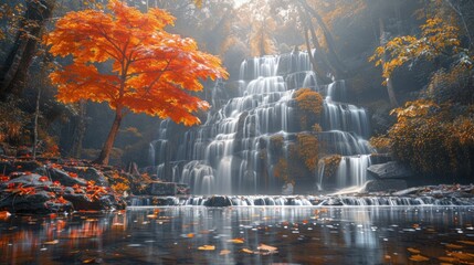 Wall Mural - Autumn Waterfall in a Misty Forest