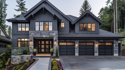 Wall Mural - A contemporary craftsman's house in a sophisticated charcoal gray, featuring a double garage and stone accents.