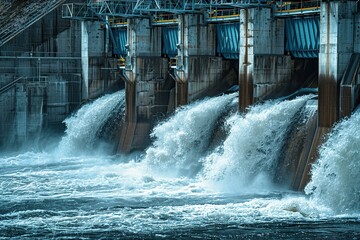 Closeup of a hydroelectric dam, harnessing the power of a rushing river