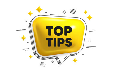 Wall Mural - Top tips tag. Chat speech bubble 3d icon. Education faq sign. Best help assistance. Top tips chat message. Speech bubble banner with stripes. Yellow text balloon. Vector