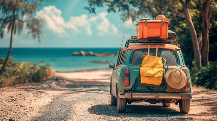 A summer road trip with a car packed and ready to go, summer, road trip, hd, adventurous with copy space
