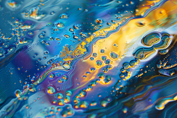 Wall Mural - colorful iridescent oil pattern on surface, blue and yellow colors,


