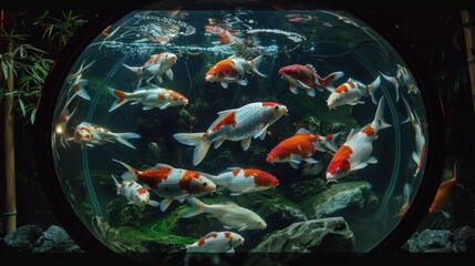 Wall Mural - Koi Fish in a Circular Aquarium