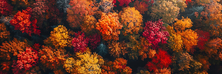Aerial view of a dense forest in autumn the canopy a patchwork of red orange and yellow leaves