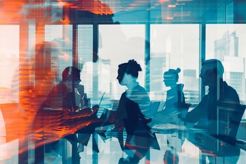 Wall Mural - colleagues in office meeting with generative ai virtual screen in double exposure