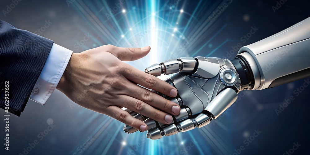 Robot and human hand touching their index finger, Concept about tech ...
