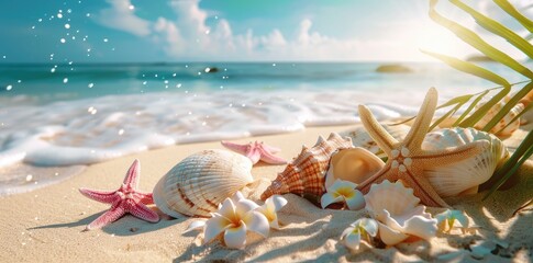 Beautiful shells and starfish on the sandy beach with water droplets, palm trees, and serene ocean view