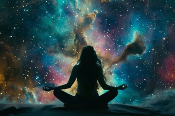 Wall Mural - Silhouette yoga meditation  cosmic connection and spiritual awakening in colorful nebula universe