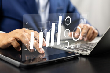 Fototapete - Analyst utilizing technology and dashboard with charts data science and Big Data technology for business, Strategic data management system with KPI organization performance with technology and metrics