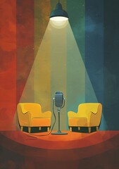 Sticker - illustration colorful and happy design of an interview microphone with light from above and two armchairs neutral single color background