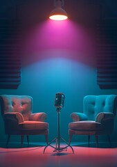 Poster - illustration colorful and happy design of an interview microphone with light from above and two armchairs neutral single color background