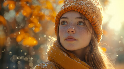 Wall Mural - Young girl sitting outdoor in autumn scenery