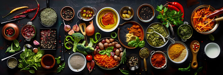 Culinary Flat Lay of ingredients, utensils and dishes arranged in a flat arrangement. 