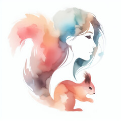 Wall Mural - Watercolor portrait illustration of a woman and a squirrel, with soft colors