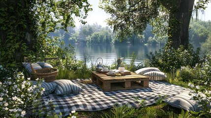 Wall Mural - Picnic by the Lake in a Lush Forest