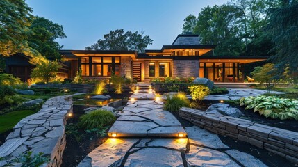Wall Mural - The stone walkway leading to a modern craftsman house, softly lit by garden lights at night.