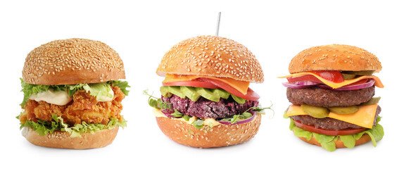 Wall Mural - Different delicious burgers isolated on white, set