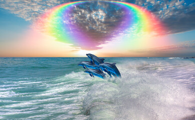 Poster - Group of dolphins jumping up from the sea amazing sunset in the background with rounde rainbow