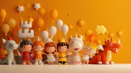 Cute cartoon characters celebrating a birthday with a cake, balloons, and a castle.