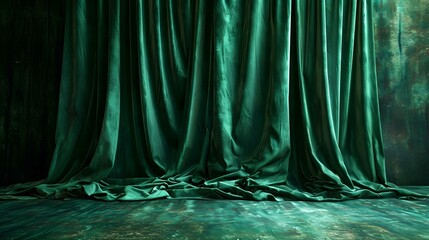 Wall Mural - Green velvet curtain with rippled fabric, adding elegance