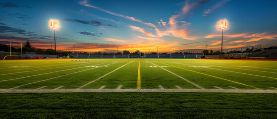 Illuminated Football Field at Sunset with a Clear Sky