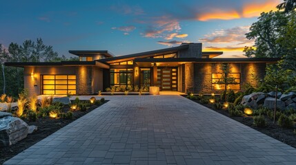 A sleek home with its driveway illuminated by modern lights